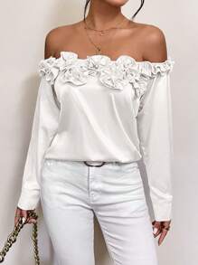 SHEIN Unity Blusa elegante de unicolor con volantes en los hombros y mangas largas para mujer, ropa de otoño - Blanco - Ver 5
