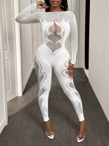 BamGleam 女士圆领长袖紧身镂空提花连体裤 - 白色 - 查看 7