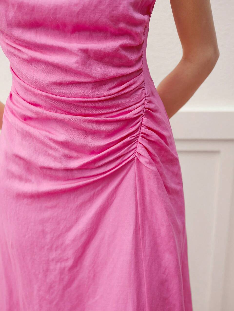 RUCHED ASYMMETRICAL NECK MIDI DRESS