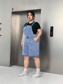 SHEIN EZwear 大码女式口袋宽腿宽松休闲牛仔连体裤 - 淺色水洗藍 - 查看 5