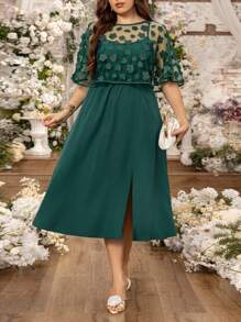 SHEIN Clasi Plus Size Women Valentine's Day Green Mesh Jacquard Camisole Dress Two-Piece Set, Elegant Summer Outfits For Women, Suitable For St. Patrick's Day, Rave, Festival, Spring Break, Boho - Dark Green - View 4