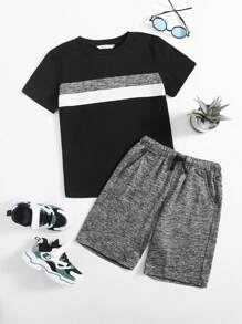 SHEIN Boys Colourblock Tee And Shorts Set - Multicolor - View 1