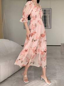 DAZY Women's Mid-Length Floral Crew Neck Drawstring Dress