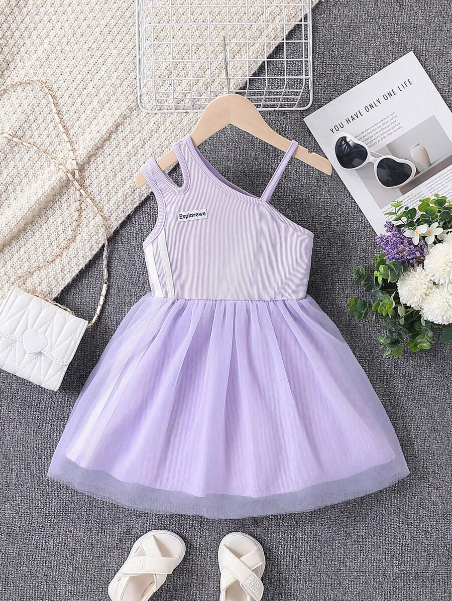 SHEIN Young Girl Asymmetrical Neck Sleeveless Solid Color Mesh Panel Dress