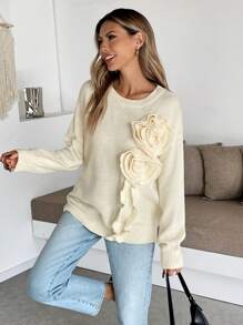 Chiquease Casual 3D Floral Knitted Loose Pullover Sweater Fall Winter