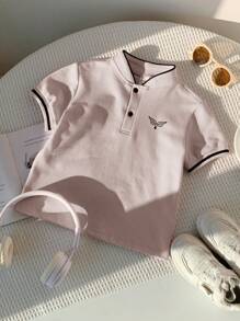 1pc Young Boys Casual Fitted Graphic Knit Short Sleeve Polo Shirt, Suitable For Daily Wear, School, Travel, Sports, Spring/Summer - Khaki - View 5