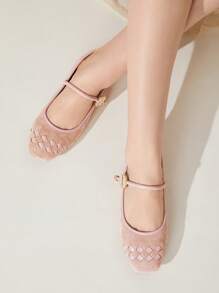 CUCCOO CHICEST Women's Soft Suede Lace-Up Mary Jane Flat Shoes, Round Metal Buckle Design, Elegant Casual Office School Party Ballerina Flats, Pink Spring Shoes Spring Break Easter - Pink - View 9