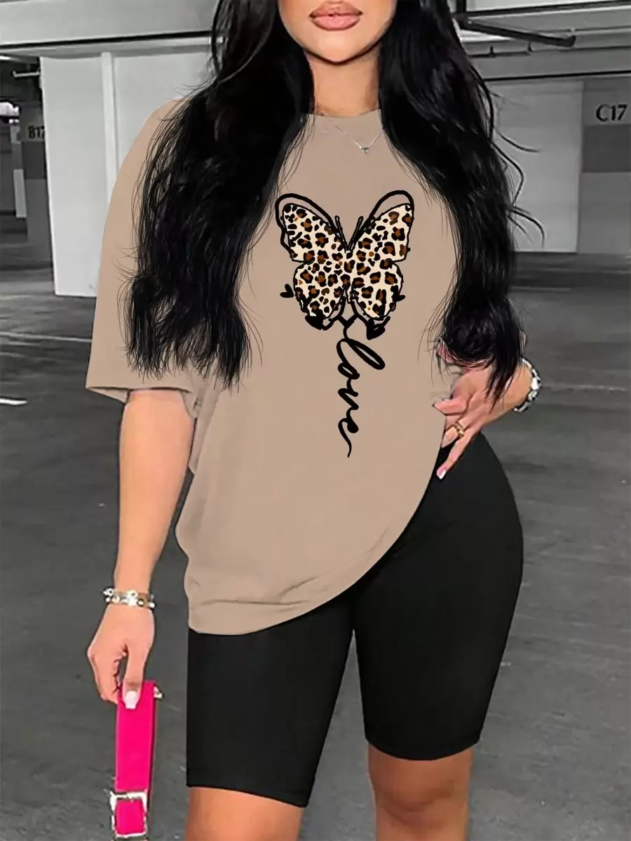 BamGleam Camiseta casual de verano para mujer con estampado de leopardo, mariposa y letras - Caqui - Ver 1