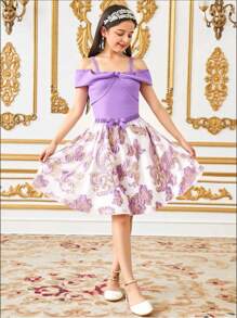 SHEIN Tween Girl Casual Elegant Solid Bow Shoulder Top And Floral Jacquard Mini Skirt 2 Pieces Set - Purple - View 1