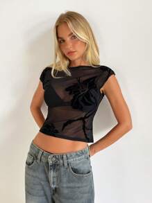 Aloruh 女士性感优雅透明植绒圆领短袖 T 恤