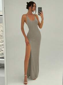 Aloruh Slouchy Vacation Style Sexy Backless Sleeveless Crochet Maxi Long Dress, Slimming, Spring/Summer - Grey - View 7