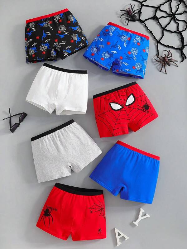 7pcs Boys Basic Comfortable Spider Print Multicolor Contrast Boxer Briefs,Summer Travel