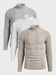 Manfinity VCAY Conjunto de 3 camisetas de manga larga de cuello redondo de corte slim casual para hombre, adecuado para otoño