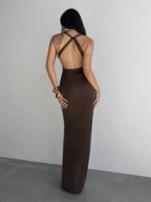 Aloruh Women's Tight-Fitting Lace Hollow Cutout Floral Print Brown Metal Buckle Maxi Dress With High Slit, Suitable For Spring/Summer Vacation