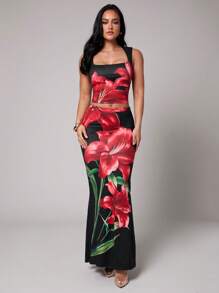 Silquee Ensemble camisole col V + jupe crayon taille basse moulante pour femmes, imprimé floral, ensemble ajusté et extensible, convient pour les vacances de printemps/été, la plage, les couvre-maillots de bain, les sorties du soir, les réunions entre amies, les fêtes de plage, les fêtes de piscine, les tenues de vacances, les fêtes dans la nature, les retraites en cabane, la Saint-Valentin romantique et les sorties en amoureux, deux-pièces, encolure asymétrique