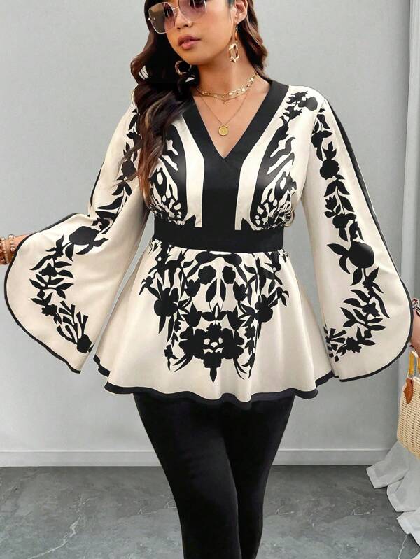 Rometta Plus Size Floral Retro Pattern Waist Cinched A-Line V-Neck Flare Sleeve Casual Commute Elegant Holiday Shirt Fall Cloth For Women