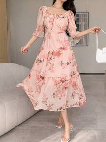 DAZY Women's Mid-Length Floral Crew Neck Drawstring Dress