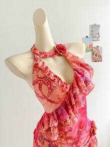Soleia New Floral Print Halter Neck Ruffle Trim 3D Flower Tied Design Camisole Top - Pink - View 4