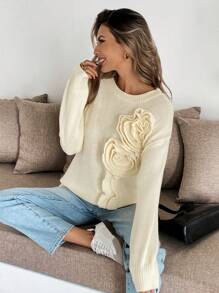 Chiquease Casual 3D Floral Knitted Loose Pullover Sweater Fall Winter