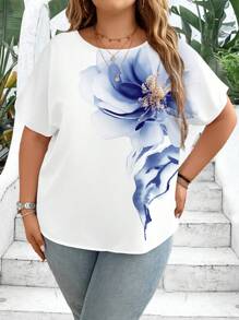 EMERY ROSE Camicia casual a maniche corte da donna con scollo rotondo, oversize, con stampa floreale