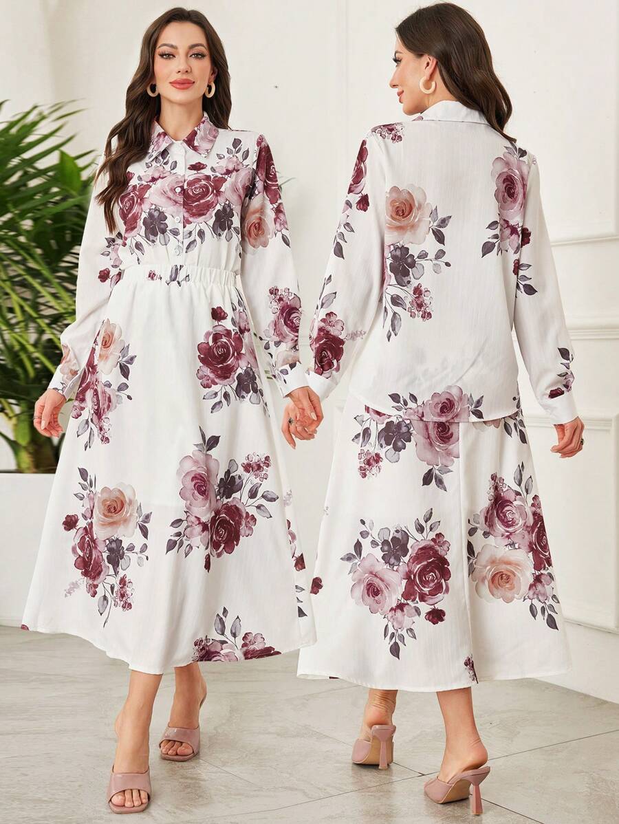 Lacomfia 2pcs/Set Women Large Floral Print Shirt And Skirt Set, Spring/Summer Fall Cloth For Women - Multicolor - View 1