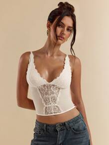 SHEIN BAE Off-White 女款蕾絲束腰上衣，優雅夏季透視背心，適合約會之夜、主題派對與聖誕音樂會的夜店時尚 Rave 上衣 - 杏色 - 查看 3