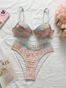 SHEIN Swim Ensemble de bikini femme avec Top à bretelles fines et bas, motif floral mignon et blocs de couleurs pour la plage - Multicolore - Voir 2