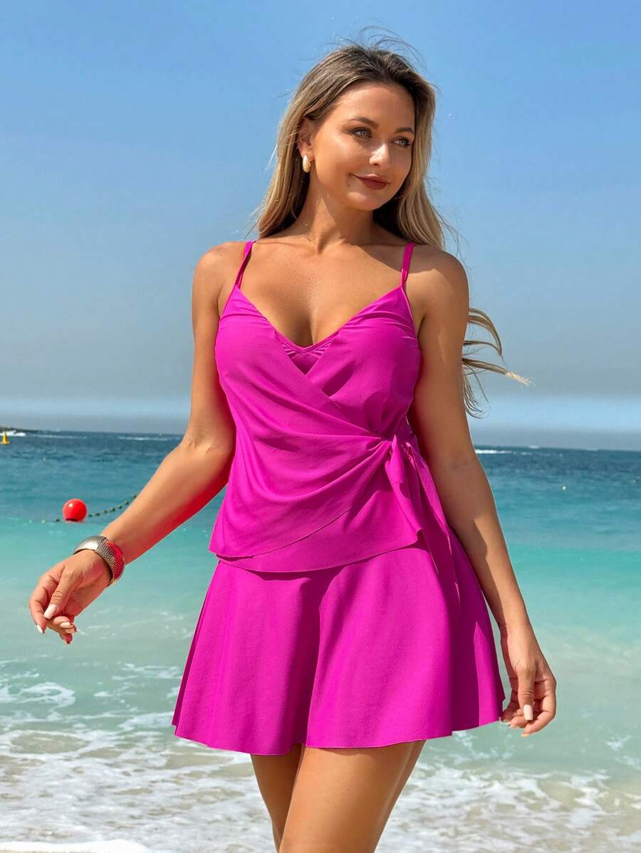 SHEIN Swim Lushore Women's Solid Color Simple Fashionable Camisole Crop Top, Suitable For Summer - Hot Pink - View 1