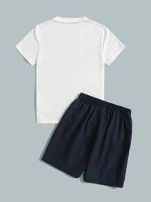 SHEIN Leap Crew 青春期男孩條紋與馬印花上衣和短褲