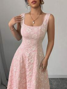 Elenzga 新款女式宽肩带磨边纹理花卉编织面料修身中长连衣裙，优雅精致年轻百搭，修身显瘦 - 粉色 - 查看 3