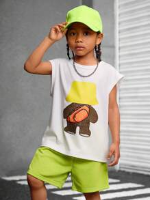 SHEIN 年轻男孩可爱熊印花背心和短裤套装（带帽子）-打造可爱的夏日造型 - 白色 - 查看 4