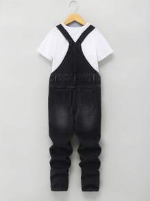 Teenage Boy Retro Y2K Street Style Distressed Design Casual Loose Suspender Pants & Jumpsuit, Comfortable Soft Washed Versatile Essential All-Match Items, 2025 New Collection, Suitable For Daily Wear - Black - View 2