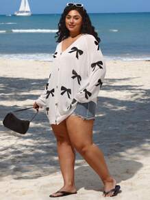 SHEIN CURVE+ Plus Size Bowknot Casual Cardigan, Lightweight Vacation Coverup, Beach Resort Sunscreen Outwear - White - View 3