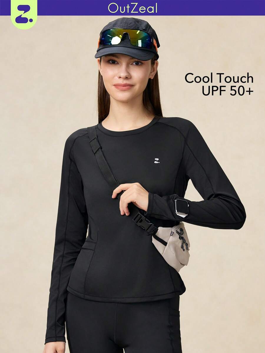 OutZeal 防晒 UPF50+ 凉爽防晒圆领口袋长袖 T 恤女式健身上衣 - 黑色 - 查看 1