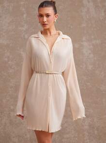 L'Amorae Elegant Commuting Solid Color Bell Sleeve Front Button Dress - Apricot - View 3
