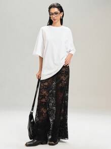 SHEIN EZwear Falda larga negra de encaje sexy de talla grande para mujer, de verano