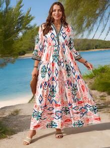 SHEIN LUNE Plus Size Bohemian Leaf Print Layered Babydoll Dress, Casual Vacation Long Dress For Summer Long Dress Summer Outfits For Women Vacation Outfits Woman Stylish Everyday Wear - Multicolor - View 3