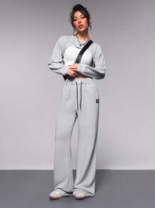 SHEIN Sports Pantalon de sport évasé à taille avec cordon de serrage pour femmes - Gris pâle - Voir 4