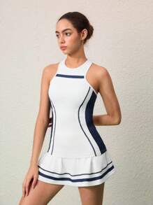 CourtClass Conjunto de ropa exterior de mono de mujer con cuello redondo y sin mangas, con contraste de color y falda incorporada - Blanco - Ver 5