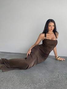 Aloruh Women's Tight-Fitting Lace Hollow Cutout Floral Print Brown Metal Buckle Maxi Dress With High Slit, Suitable For Spring/Summer Vacation