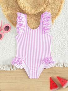 SHEIN Young Girls Swimsuit, Striped Pattern, Flounce Trim, One-Piece - Multicolor - View 1