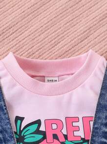 SHEIN 2pcs/Set Young Girl Round Neck Short Sleeve T-Shirt And Suspender Shorts Set - Multicolor - View 3