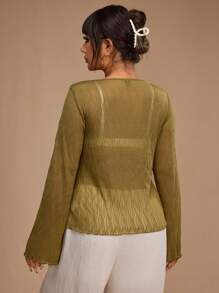 SHEIN Forever 21 夏季/乡村音乐会/乡村音乐会/茶会/优雅/音乐会/休闲女士/夏季/海滩/夏季/茶会/海滩度假/曲线沙滩装/夏季/海滩度假/加大女士绿色系带开衫罩衫 - 綠色 - 查看 2