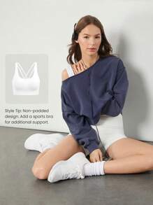 GLOWMODE Soft Skin-Friendly Washed Crop Off-Shoulder Ribbed Hem Cuffs Sweatshirt Daily Casual Wear