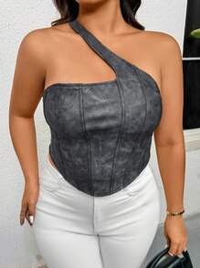 SHEIN Privé Plus Size Women Summer Elegant Comfortable Casual Holiday Patterned PU Sleeveless Blouse