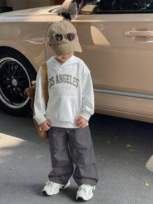 SHEIN 儿童/男孩休闲松紧腰字母印花宽松编织裤，适合学校、花园、海滩、生日、春季、夏季、秋季、冬季 - 深灰色 - 查看 5