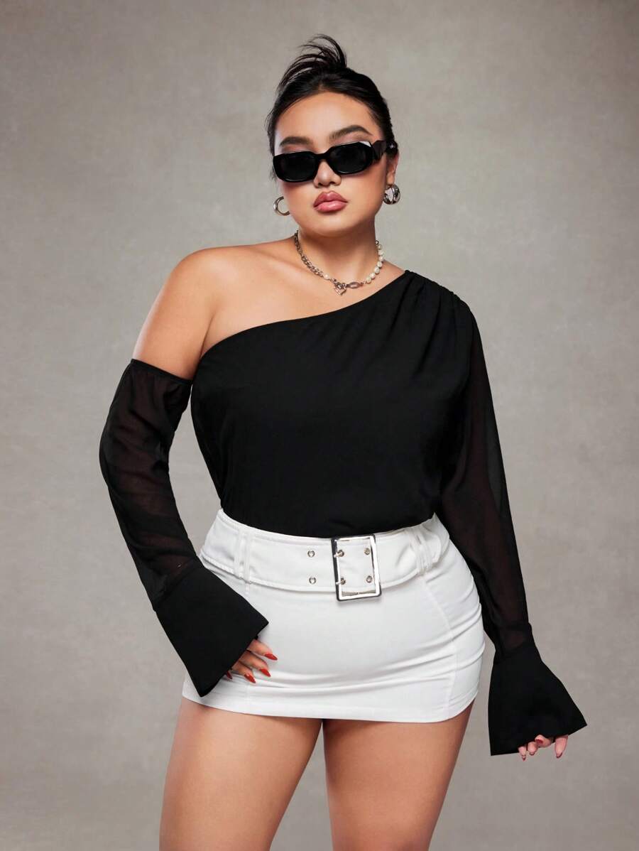 SHEIN ICON Plus Size Asymmetric Shoulder Chiffon Blouse, Sexy Office - Black - View 1