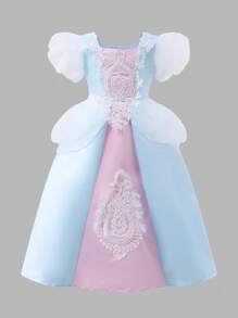 SHEIN Young Girl Princess Style Puff Sleeve Patchwork Fluffy Party Dress - Blue - View 3