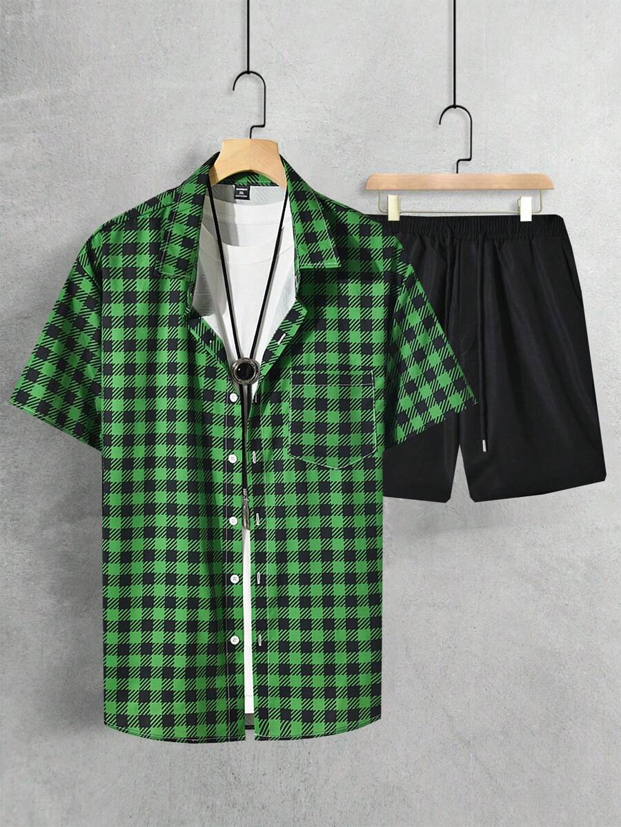 Manfinity Homme 2 件套大码男士休闲短袖衬衫和短裤套装，夏季时尚