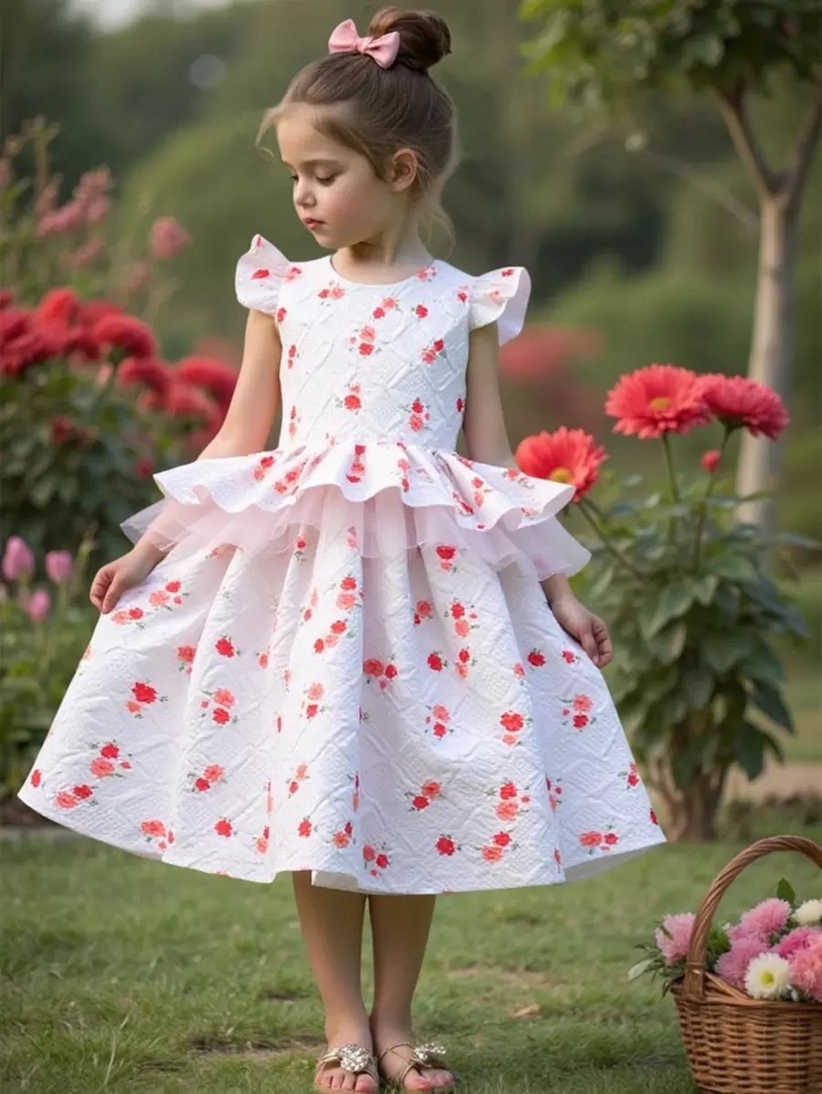 Girls Asymmetrical Hem Printed Cap Sleeve Flower Girl's Princess Dress, Children Performance Costume - White - View 1